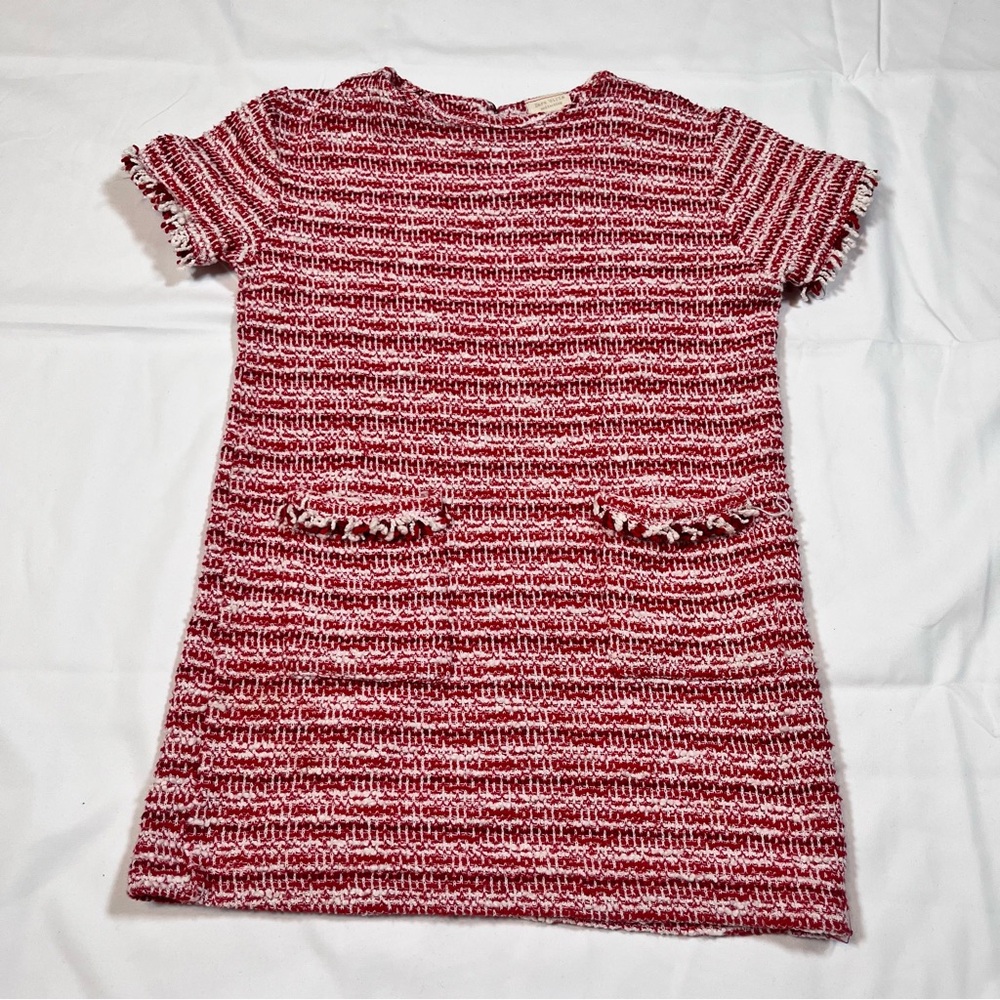 ZARA GIRLS Red Tweed Pink White Dress Short Sleeve Pockets Size 6 Cotton Preppy